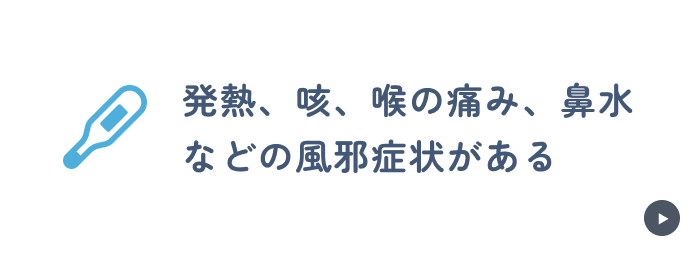 発熱、咳、喉の痛み、鼻水などの風邪症状がある
